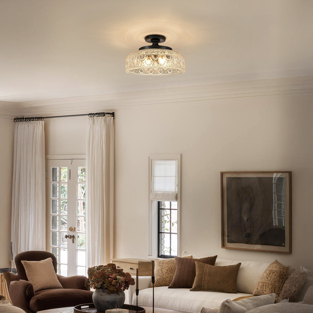 Textured Glass Ceiling Light, Carved Disc Flush Mount
