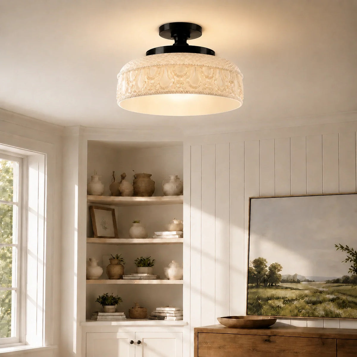 Textured Glass Ceiling Light, Carved Disc Flush Mount