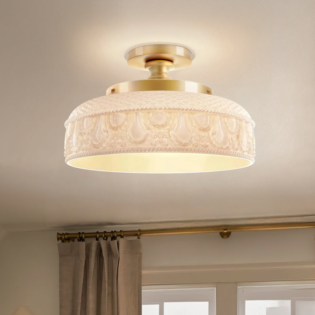 Textured Glass Ceiling Light, Carved Disc Flush Mount