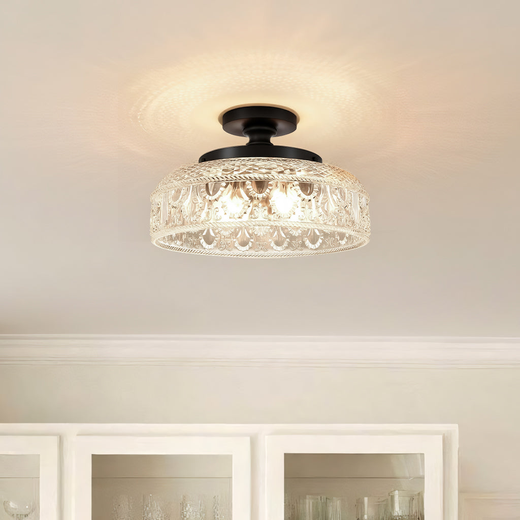 Textured Glass Ceiling Light, Carved Disc Flush Mount