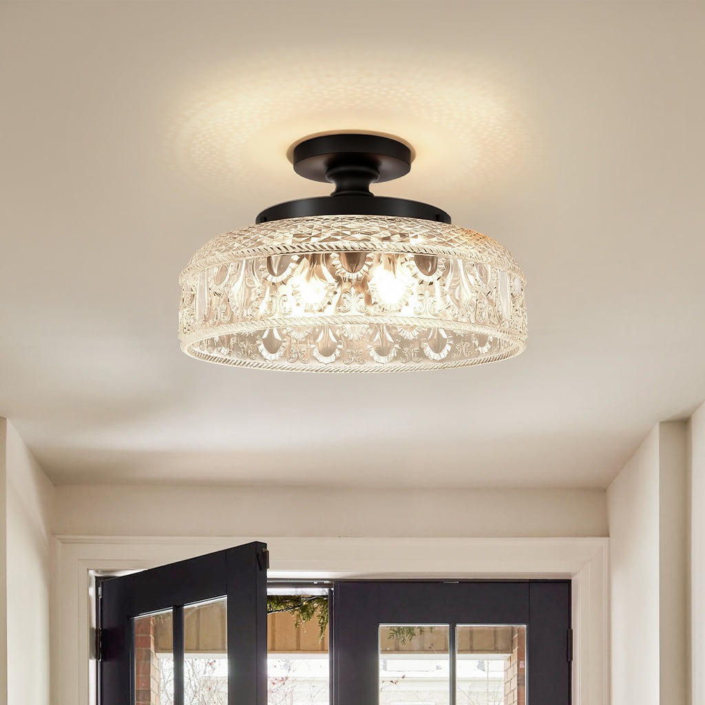 Textured Glass Ceiling Light, Carved Disc Flush Mount
