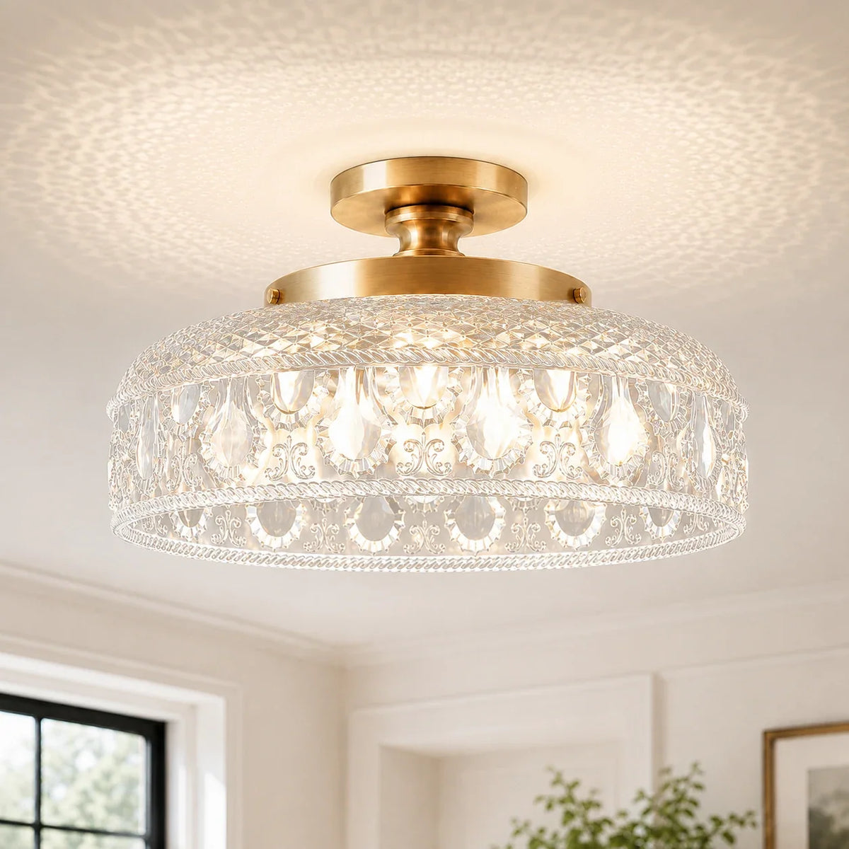 Textured Glass Ceiling Light, Carved Disc Flush Mount