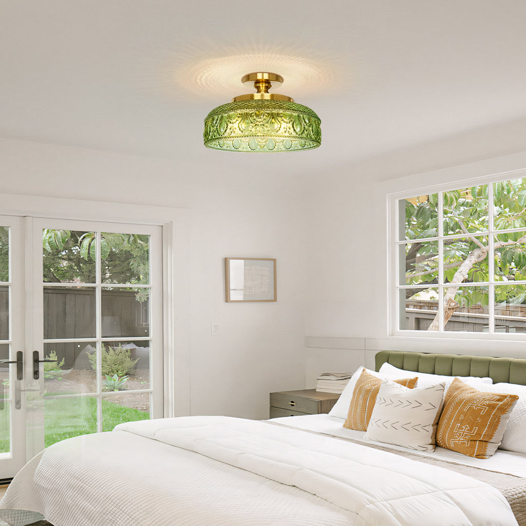 Textured Glass Ceiling Light, Carved Disc Flush Mount