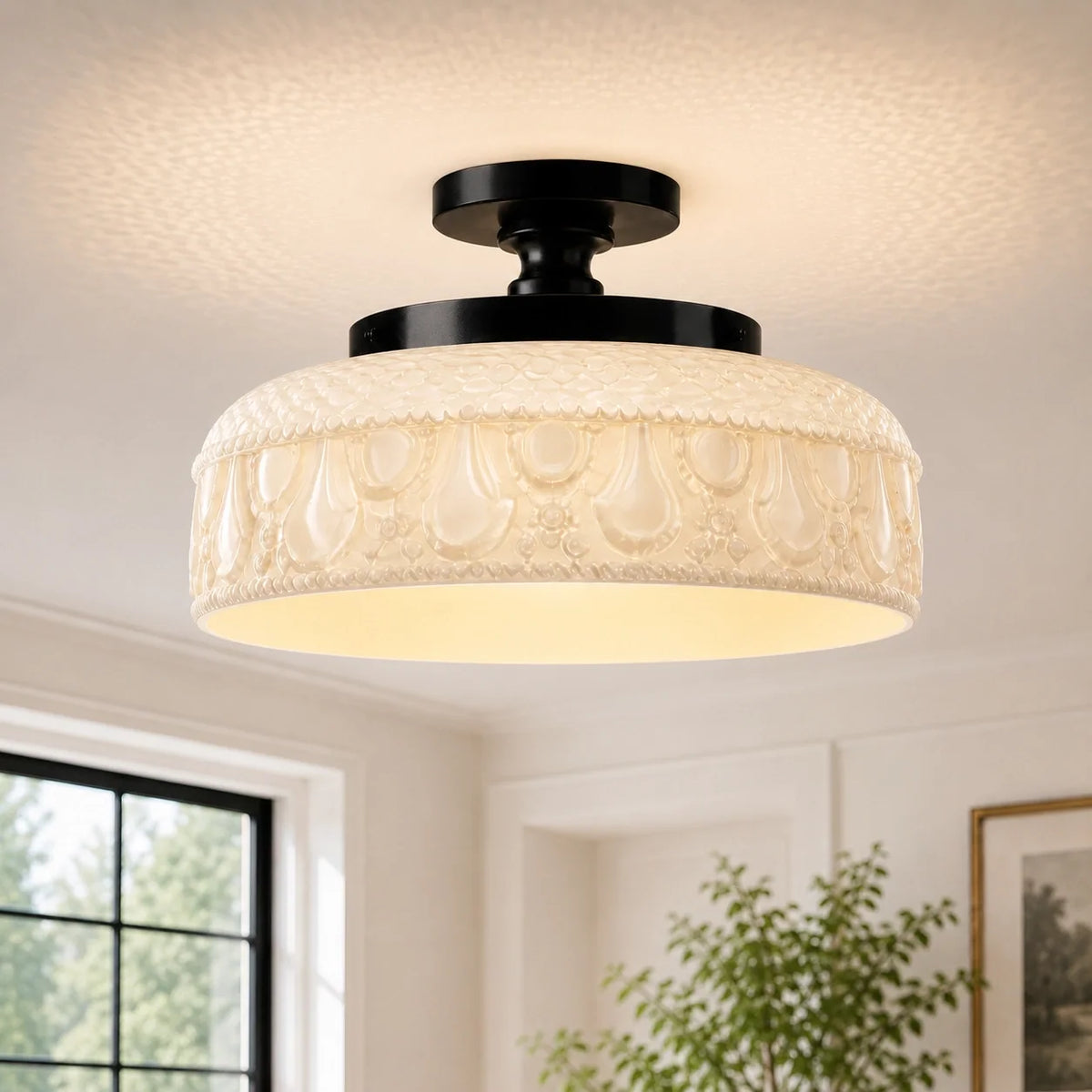 Textured Glass Ceiling Light, Carved Disc Flush Mount