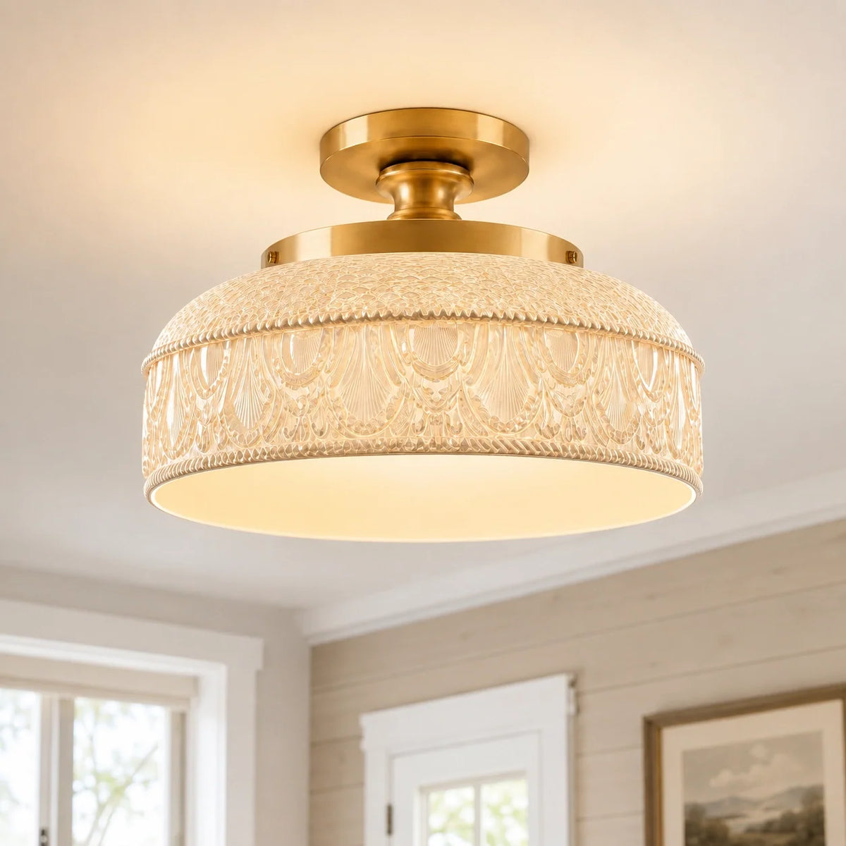 Textured Glass Ceiling Light, Carved Disc Flush Mount