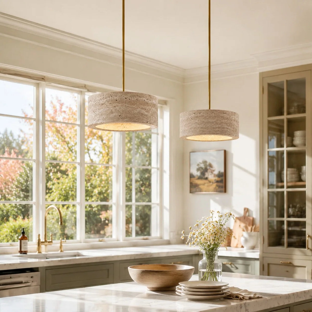Travertine Pendant Light, Natural Stone 1, 2 or 3 Light