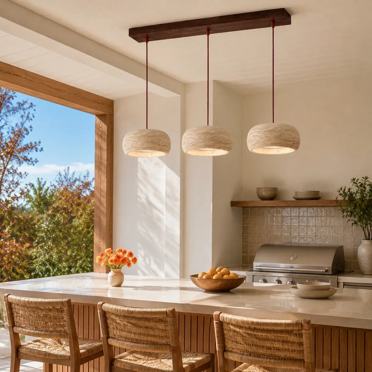 Travertine Pendant Light, Natural Stone 1, 2 or 3 Light