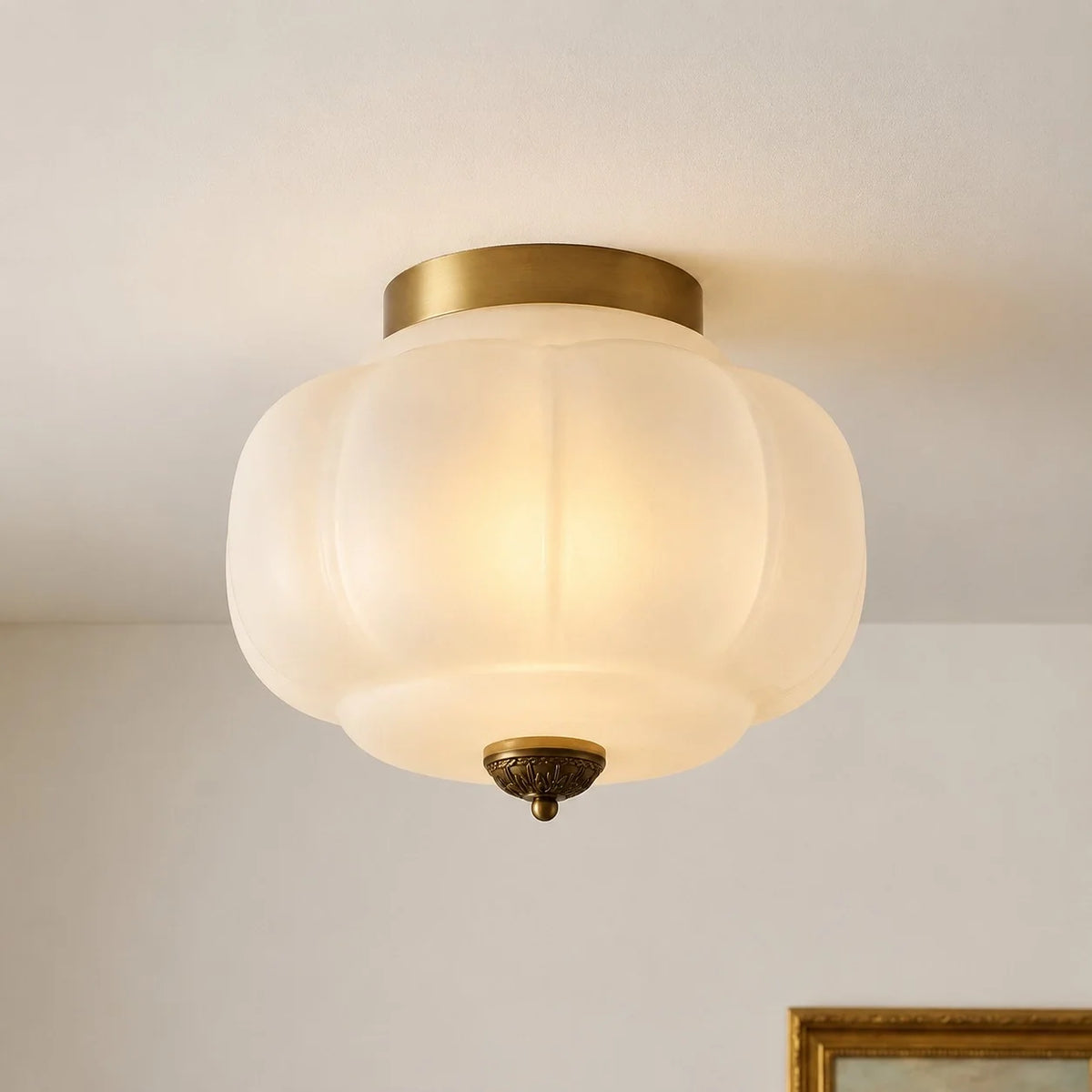 Milk Glass Semi Flush Mount, Pumpkin Shade 3 Light Ceiling