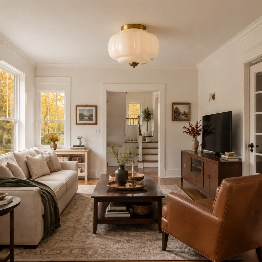 Milk Glass Semi Flush Mount, Pumpkin Shade 3 Light Ceiling