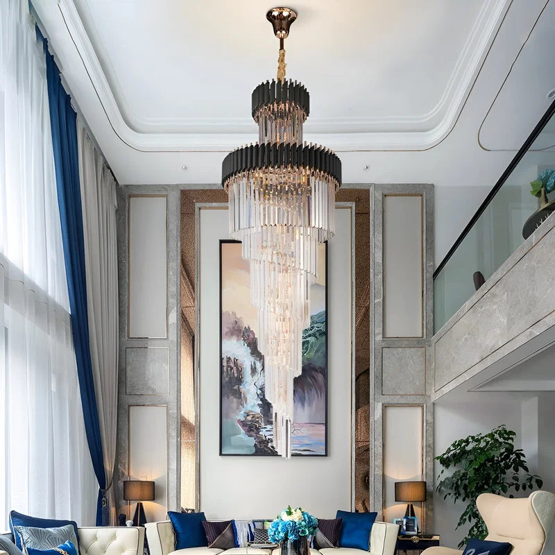 Art Deco Crystal Staircase Chandelier, Black or Gold Tiered