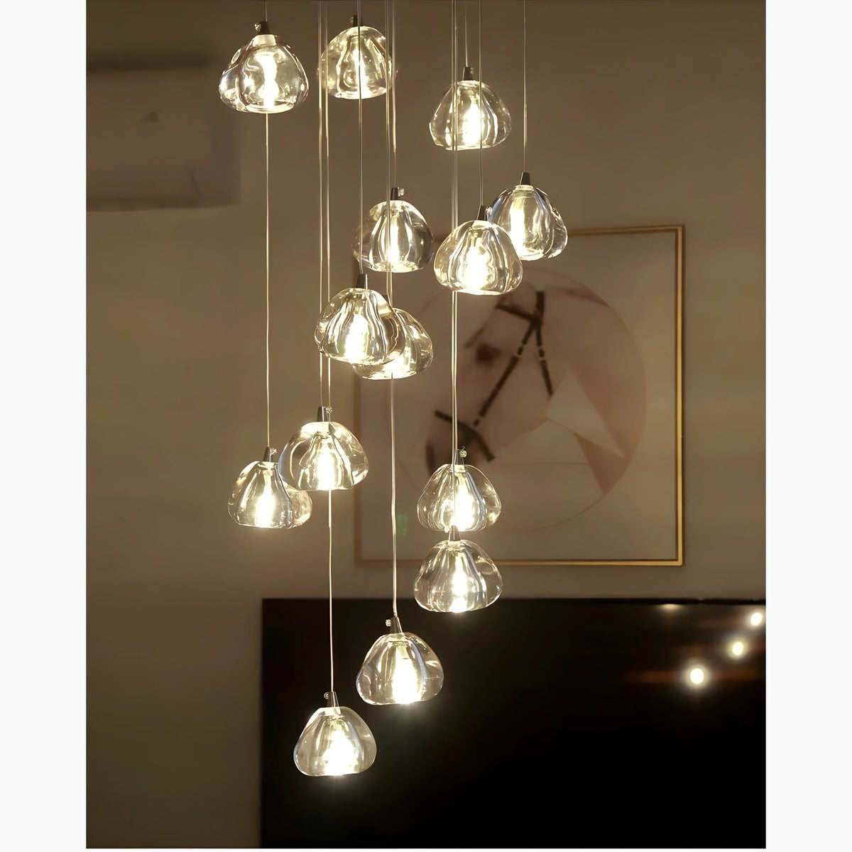 Raindrop Glass Staircase Chandelier, Long Cascade Pendant