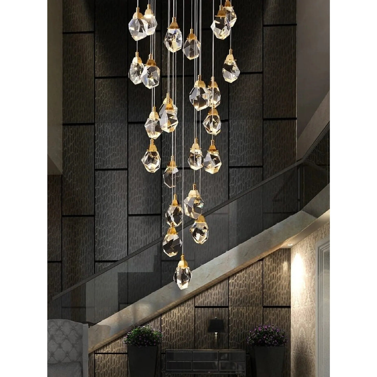 Diamond Cut Crystal Staircase Chandelier, Luxury Long Drop