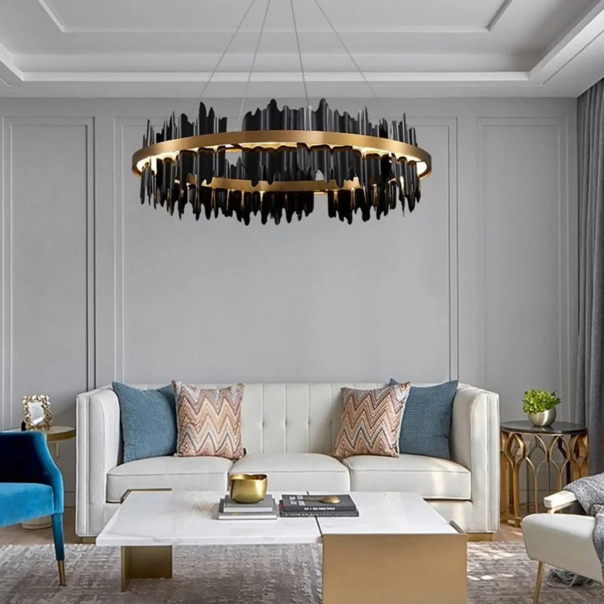 Black or Gold Ring Chandelier, Modern LED Living Room Light