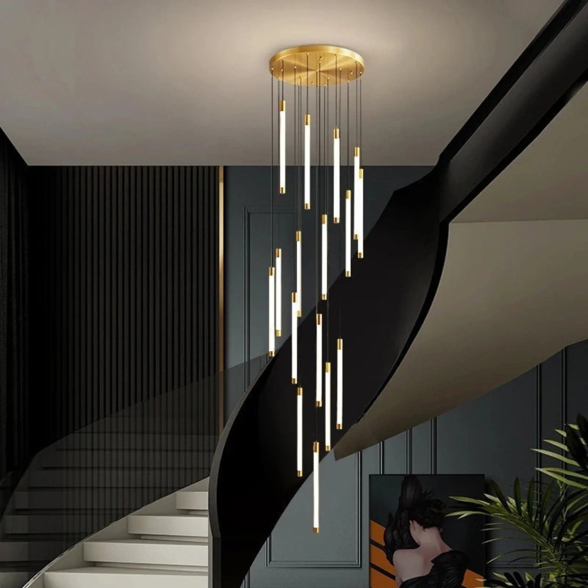 Gold or Black LED Tube Staircase Chandelier, Long Drop