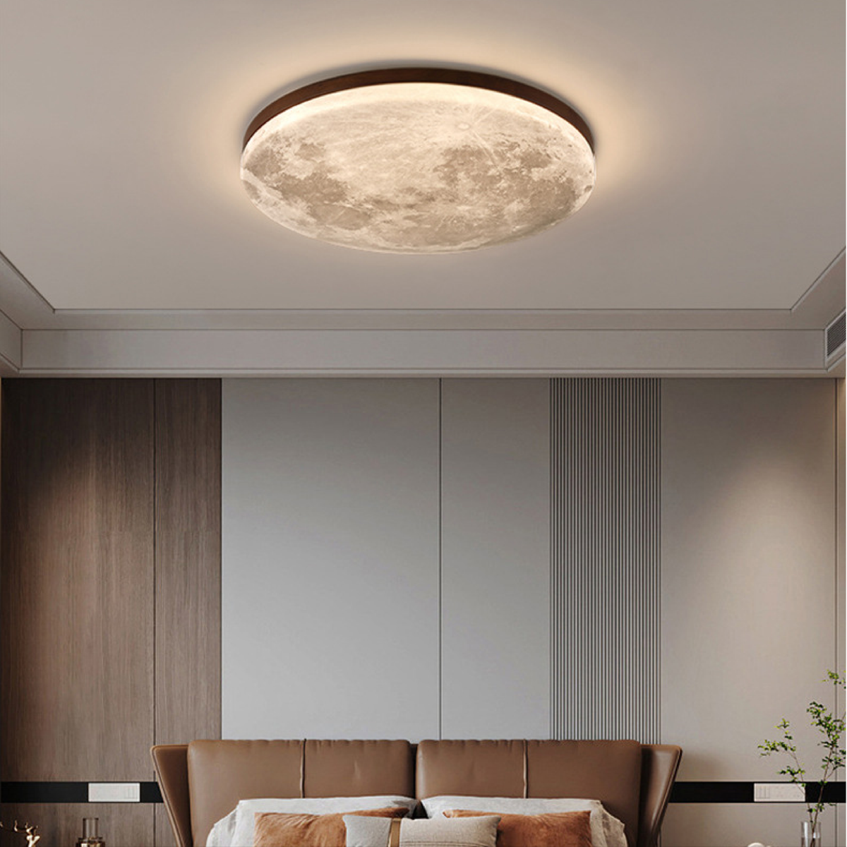 Wood Moon Ceiling Light, Round LED Flush Mount Disc Lamp