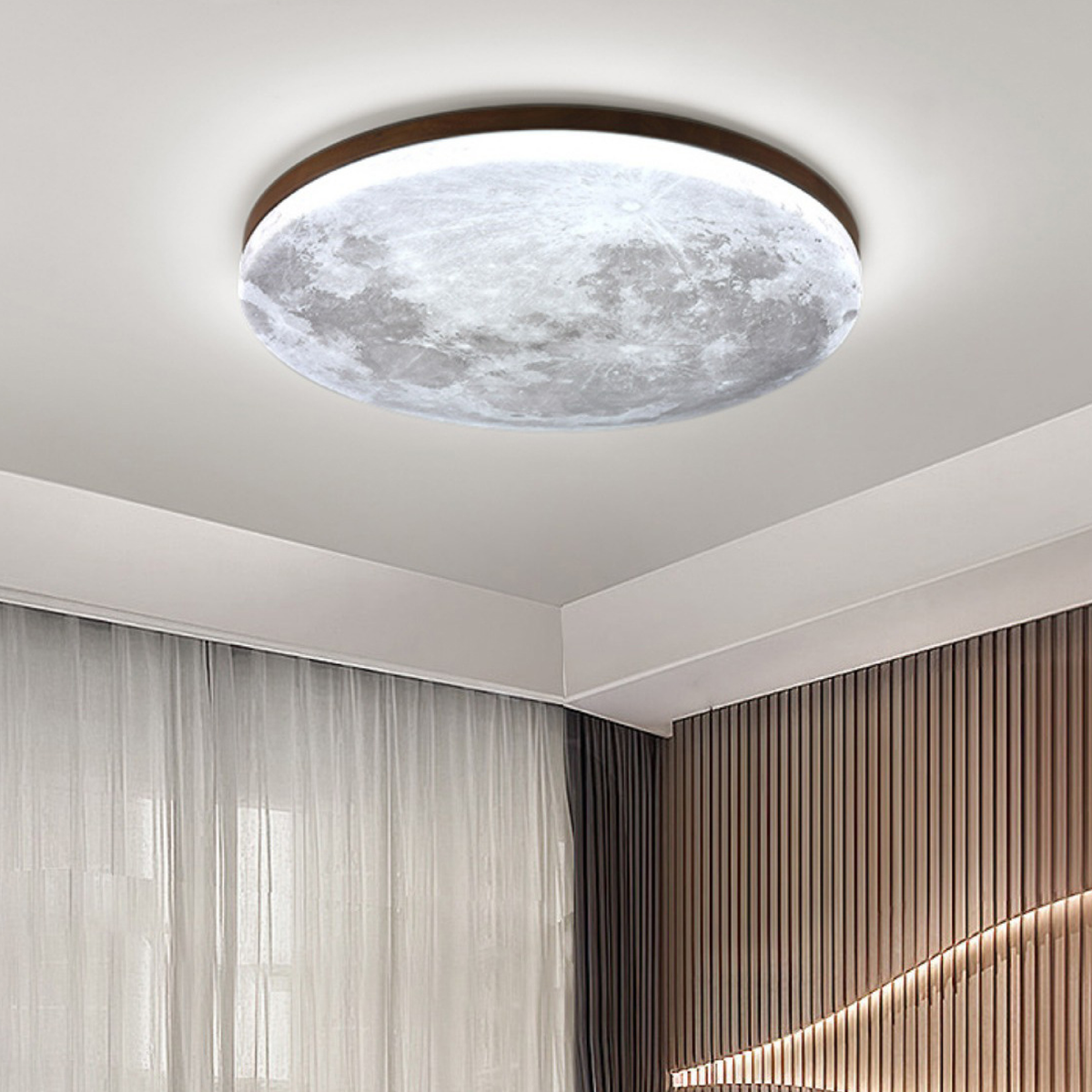 Wood Moon Ceiling Light, Round LED Flush Mount Disc Lamp