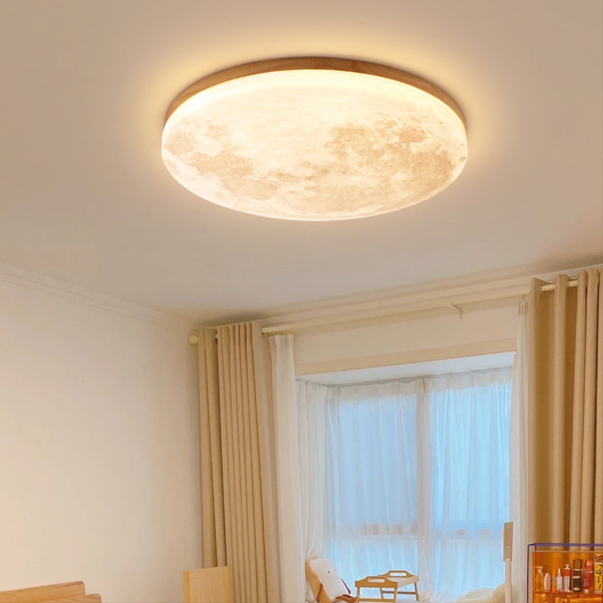 Wood Moon Ceiling Light, Round LED Flush Mount Disc Lamp