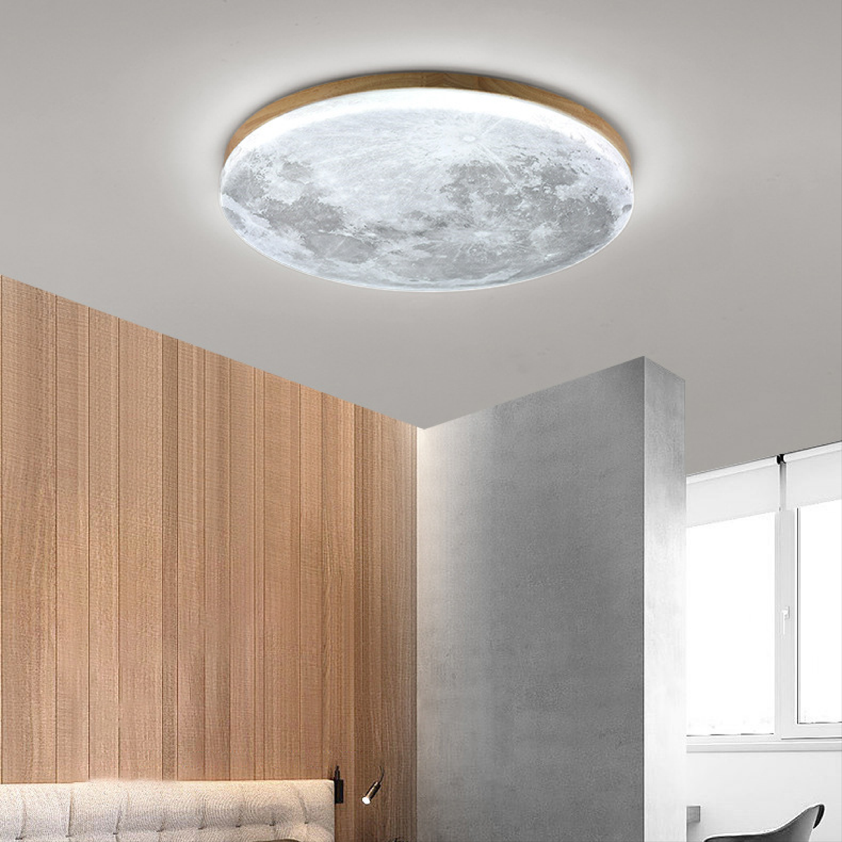 Wood Moon Ceiling Light, Round LED Flush Mount Disc Lamp