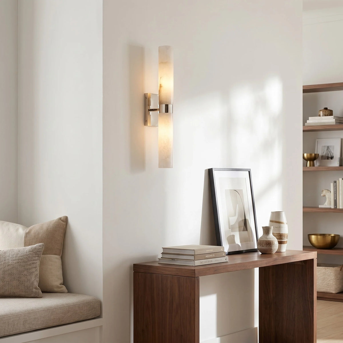 Alabaster Double Tube Sconce, Twin Cylinder Tall Wall Light