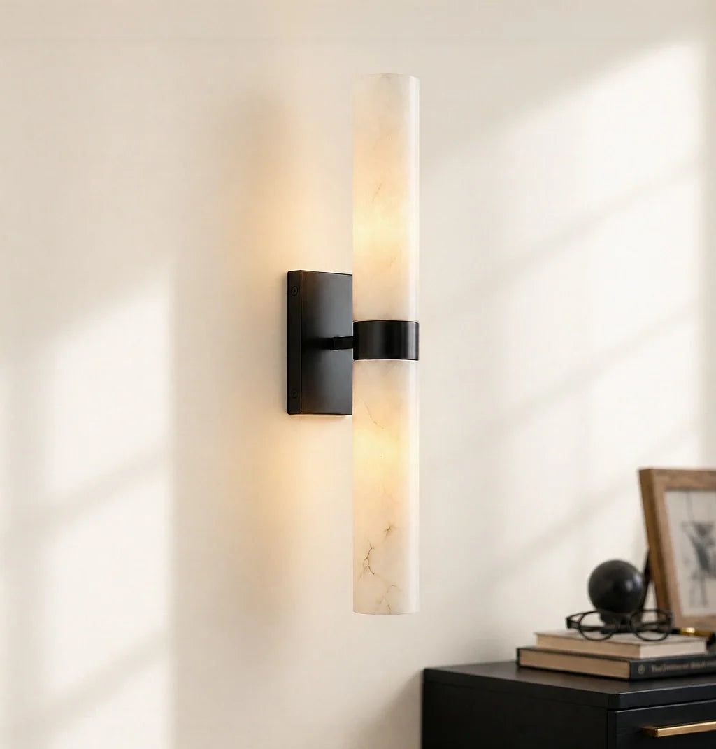 Alabaster Double Tube Sconce, Twin Cylinder Tall Wall Light