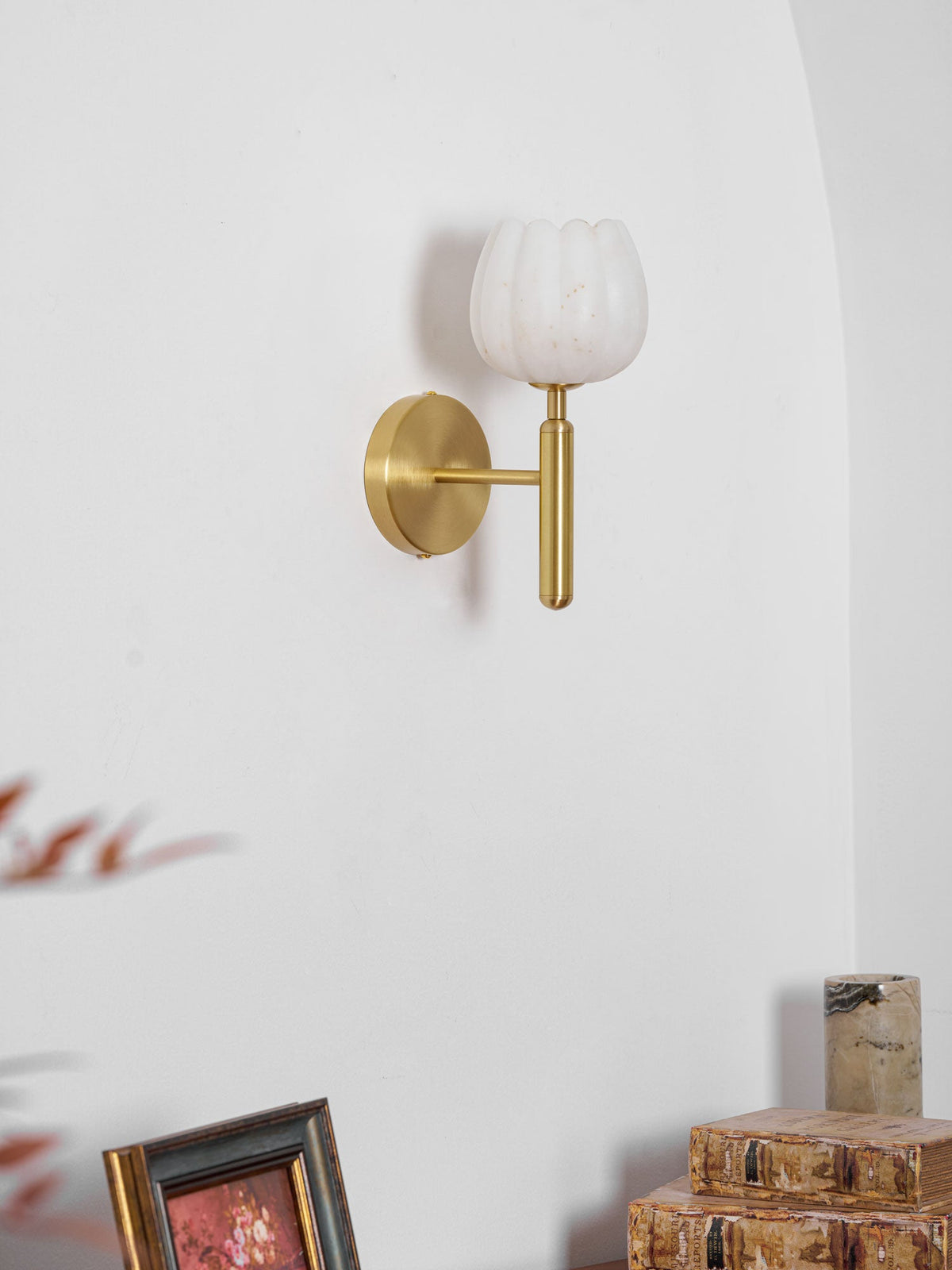 Alabaster Flower Wall Sconce, Brass or Black Bedside Light