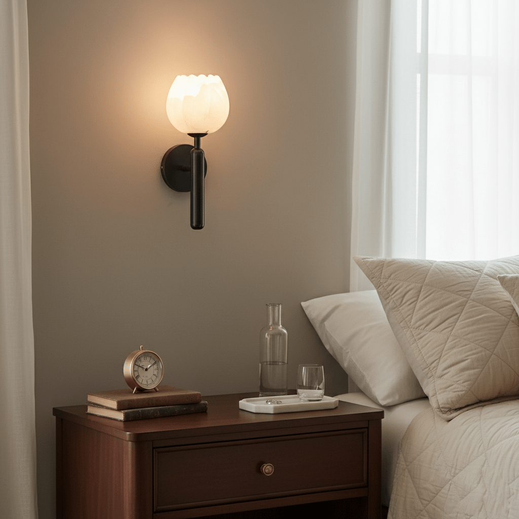 Alabaster Flower Wall Sconce, Brass or Black Bedside Light