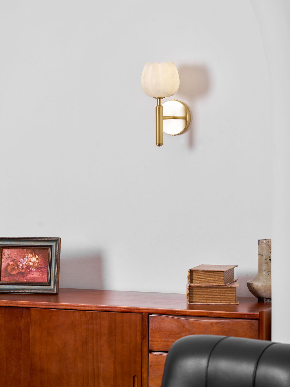 Alabaster Flower Wall Sconce, Brass or Black Bedside Light
