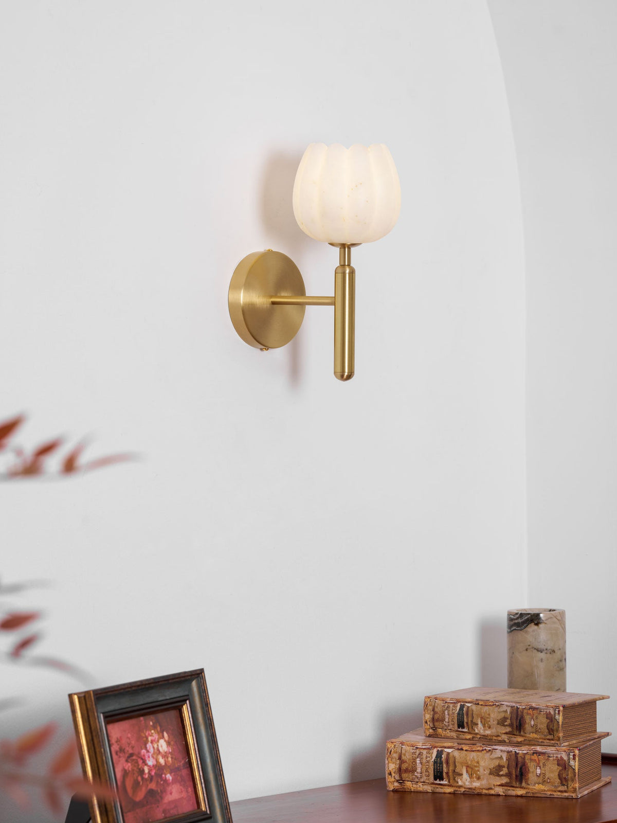 Alabaster Flower Wall Sconce, Brass or Black Bedside Light