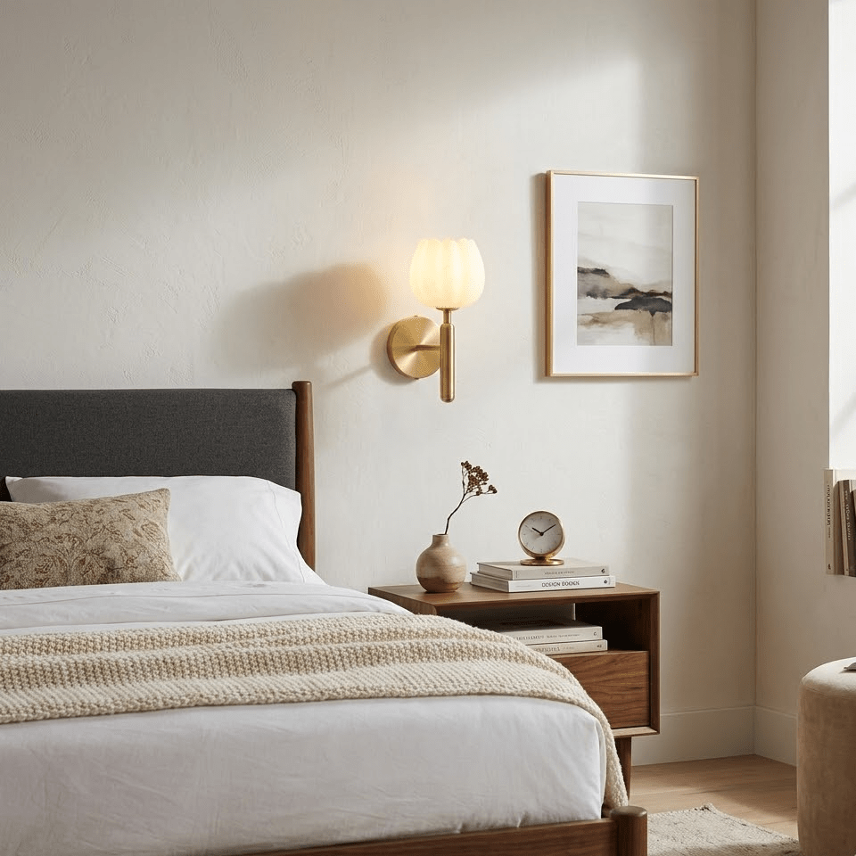Alabaster Flower Wall Sconce, Brass or Black Bedside Light