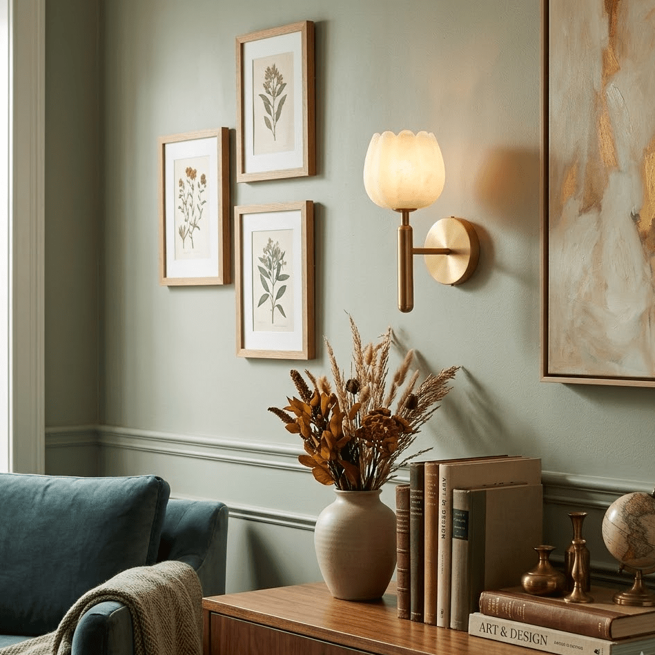 Alabaster Flower Wall Sconce, Brass or Black Bedside Light