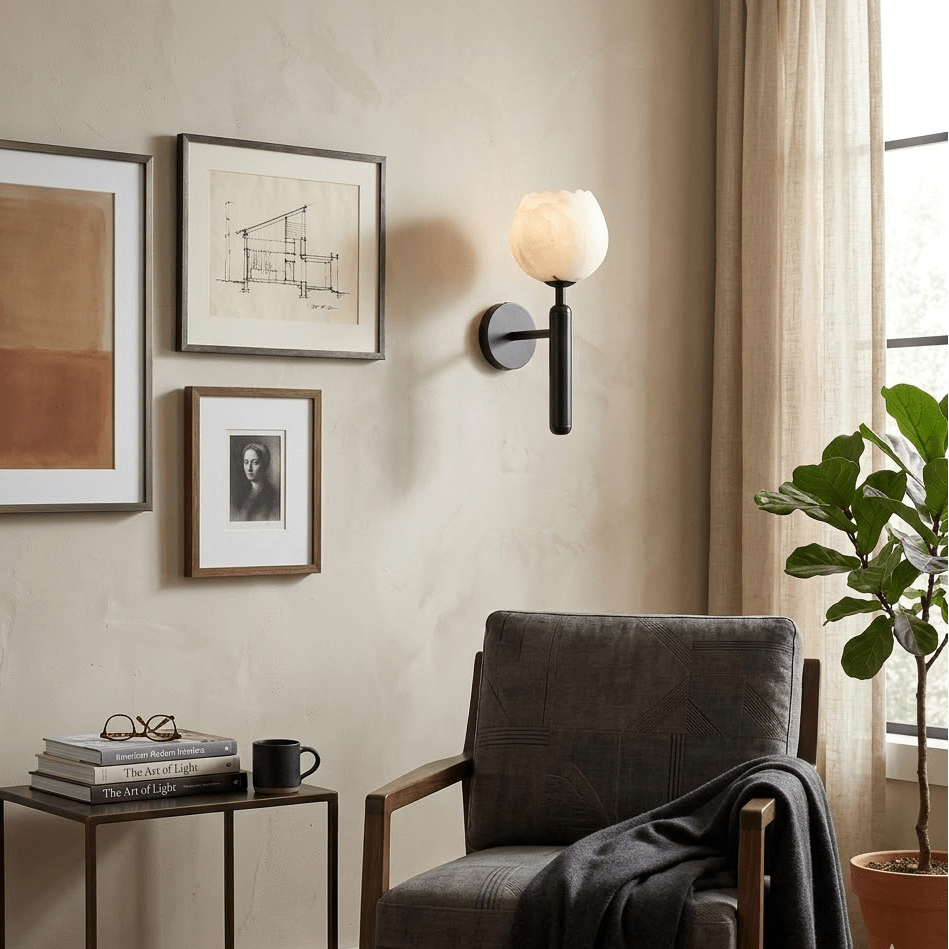 Alabaster Flower Wall Sconce, Brass or Black Bedside Light