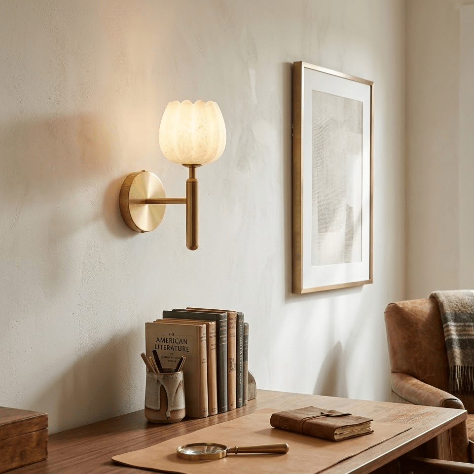 Alabaster Flower Wall Sconce, Brass or Black Bedside Light