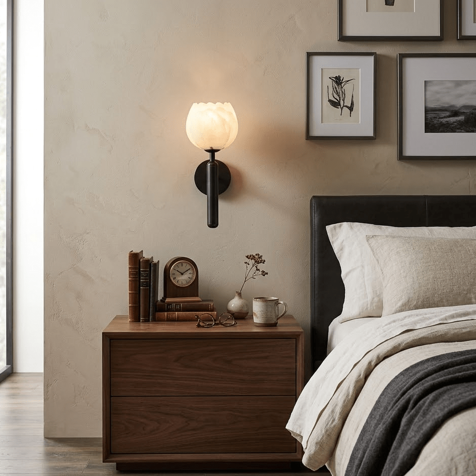 Alabaster Flower Wall Sconce, Brass or Black Bedside Light