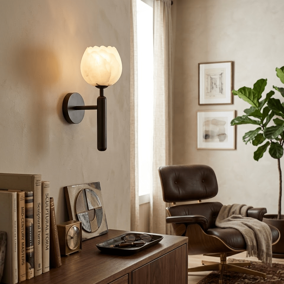 Alabaster Flower Wall Sconce, Brass or Black Bedside Light