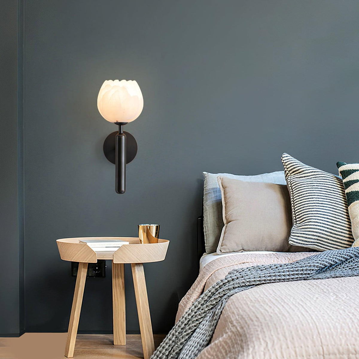 Alabaster Flower Wall Sconce, Brass or Black Bedside Light