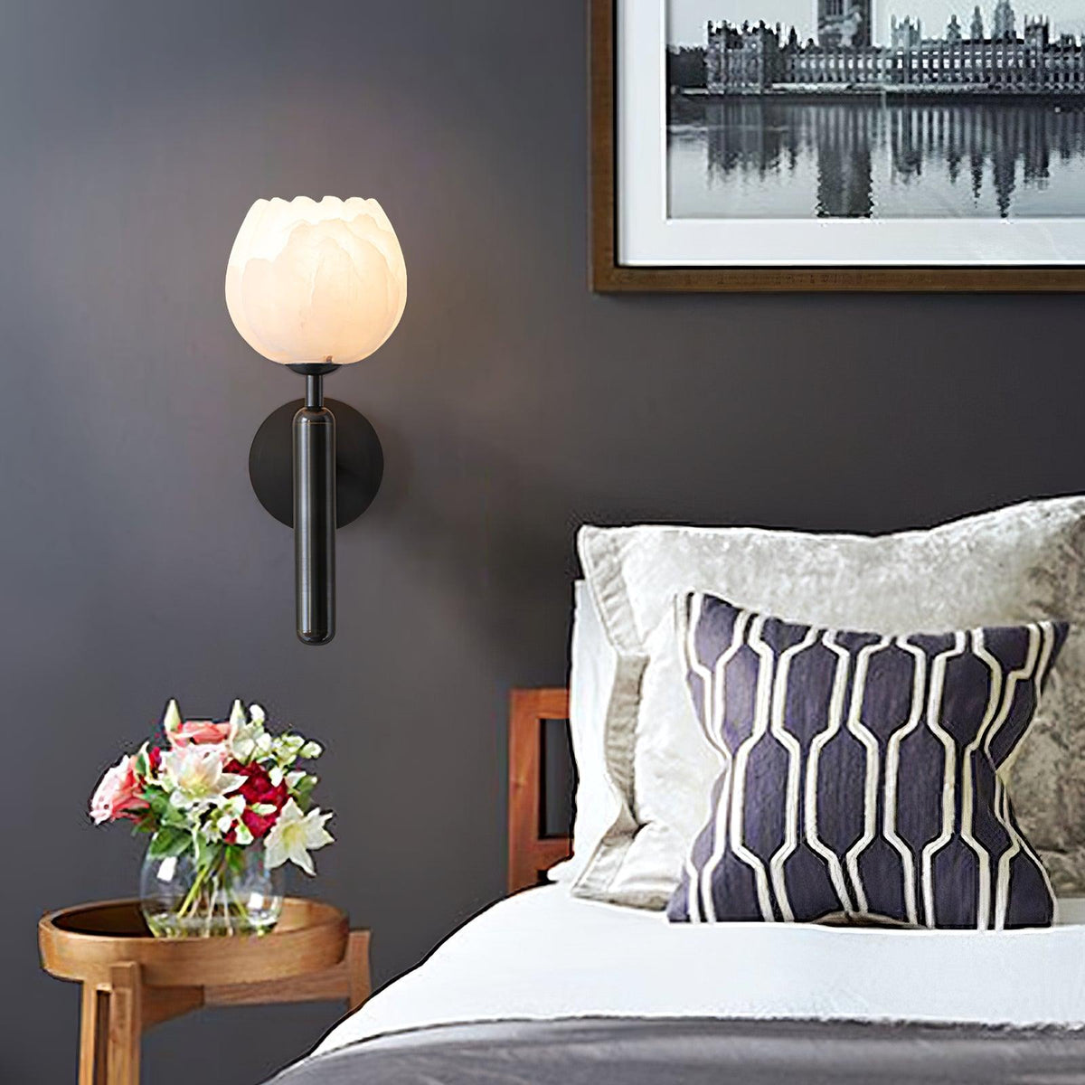 Alabaster Flower Wall Sconce, Brass or Black Bedside Light