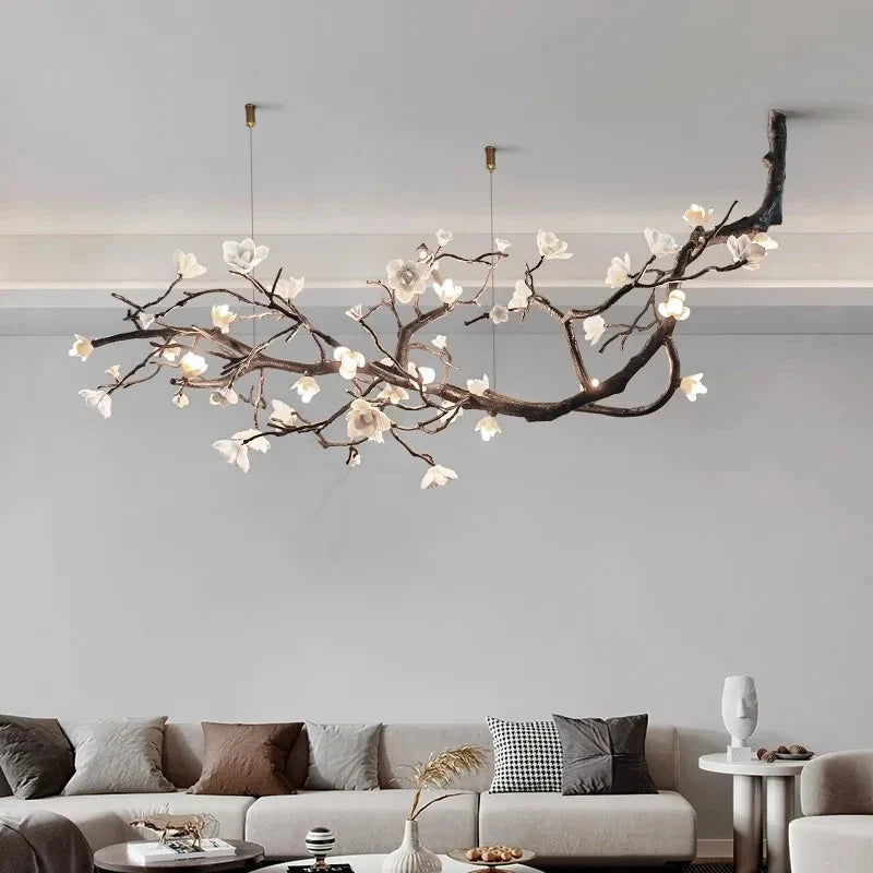 Ceramic Flower Branch Chandelier, Rustic Copper Tree Light