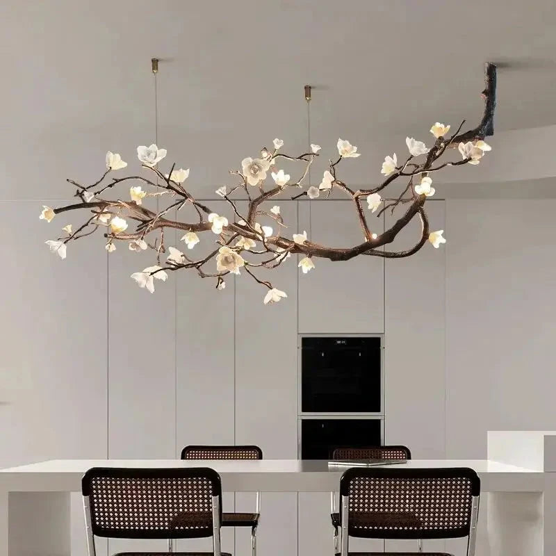 Ceramic Flower Branch Chandelier, Rustic Copper Tree Light