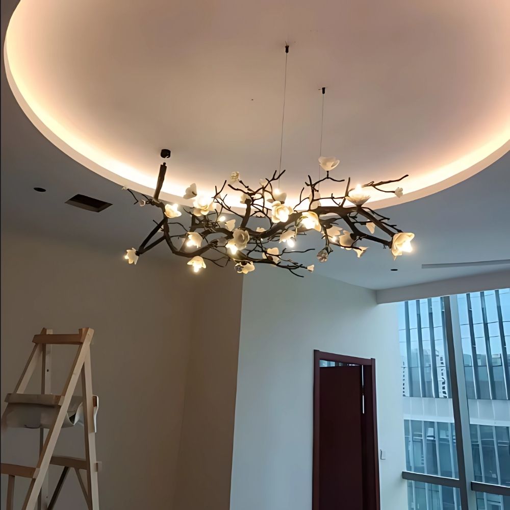 Ceramic Flower Branch Chandelier, Rustic Copper Tree Light