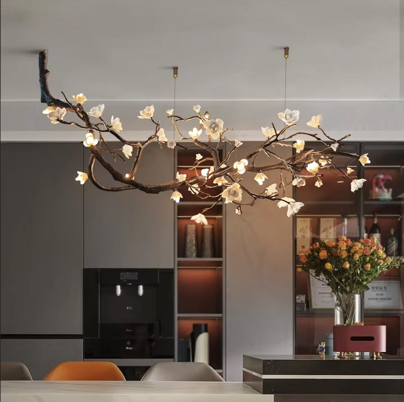 Ceramic Flower Branch Chandelier, Rustic Copper Tree Light