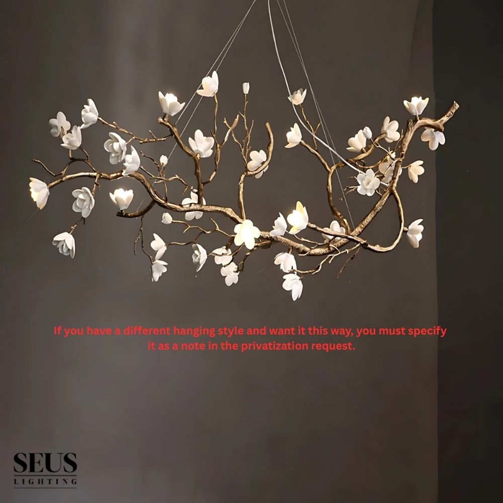 Ceramic Flower Branch Chandelier, Rustic Copper Tree Light