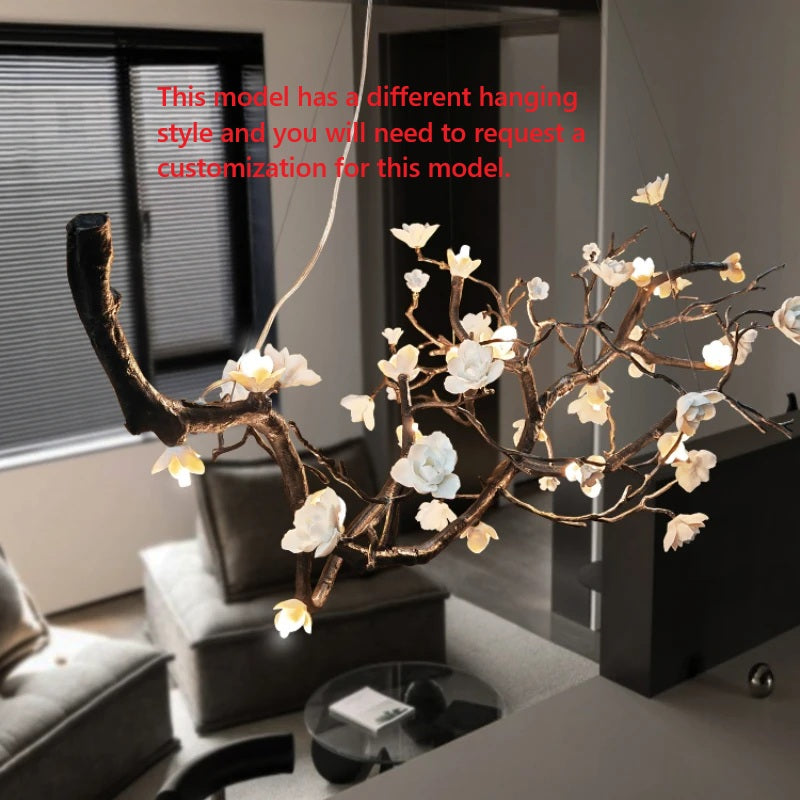 Ceramic Flower Branch Chandelier, Rustic Copper Tree Light