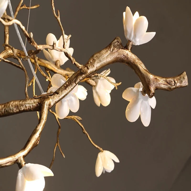 Ceramic Flower Branch Chandelier, Rustic Copper Tree Light