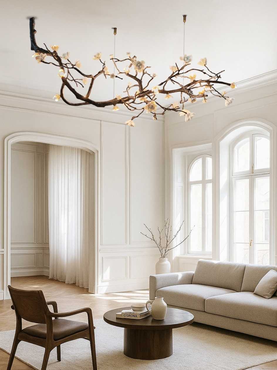 Ceramic Flower Branch Chandelier, Rustic Copper Tree Light