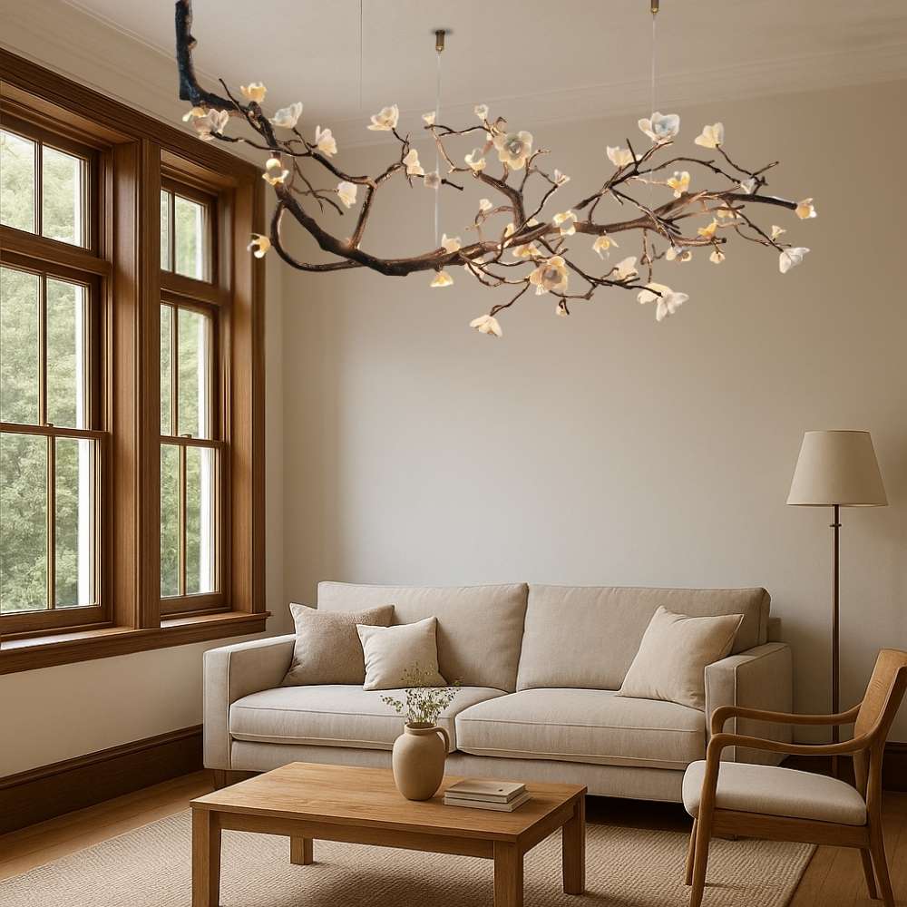 Ceramic Flower Branch Chandelier, Rustic Copper Tree Light
