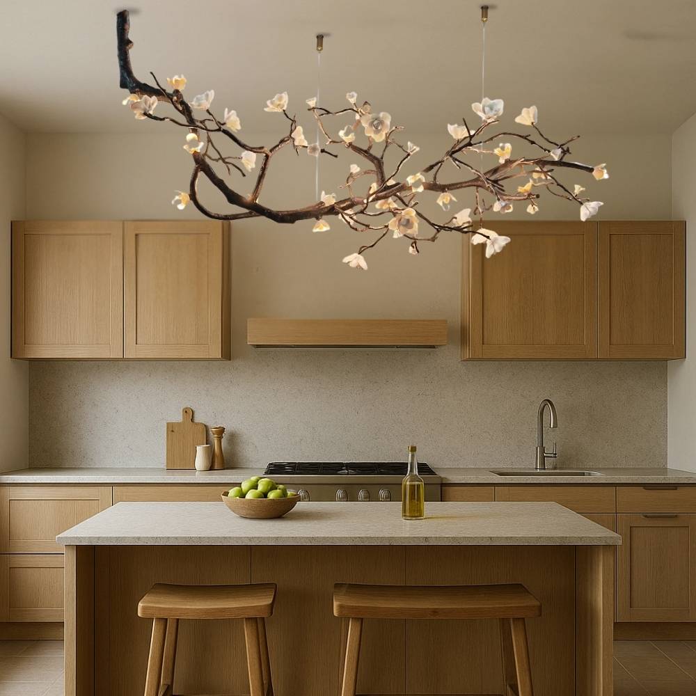 Ceramic Flower Branch Chandelier, Rustic Copper Tree Light