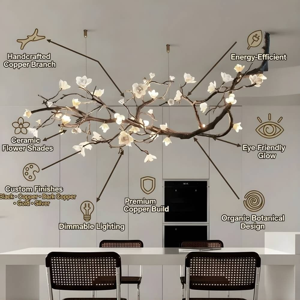 Ceramic Flower Branch Chandelier, Rustic Copper Tree Light