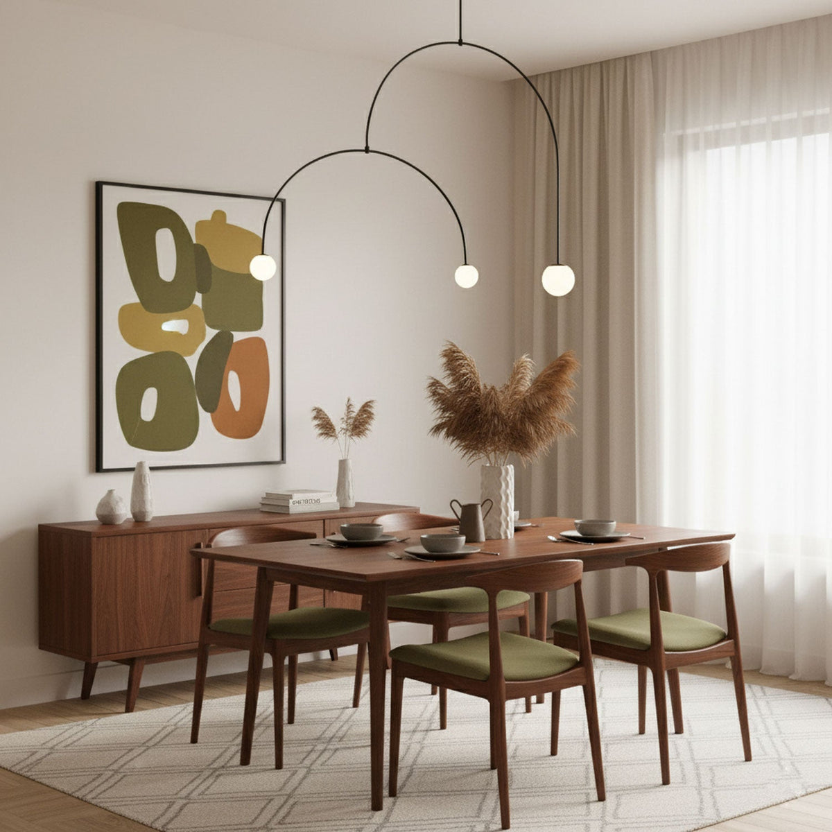 Arching Arm Globe Chandelier, Black or Gold Linear Pendant