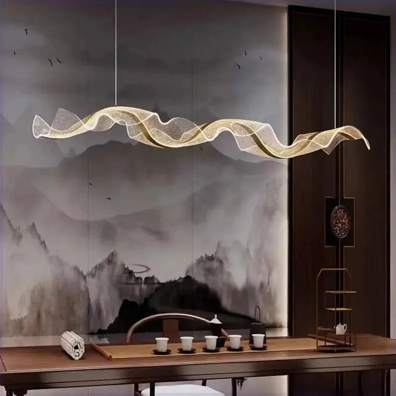 Linear Wave LED Chandelier, Dimmable Kitchen Island Pendant