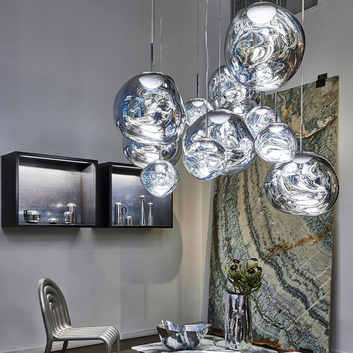 Molten Pendant Light, Mirror Effect Metallic Hanging Lamp